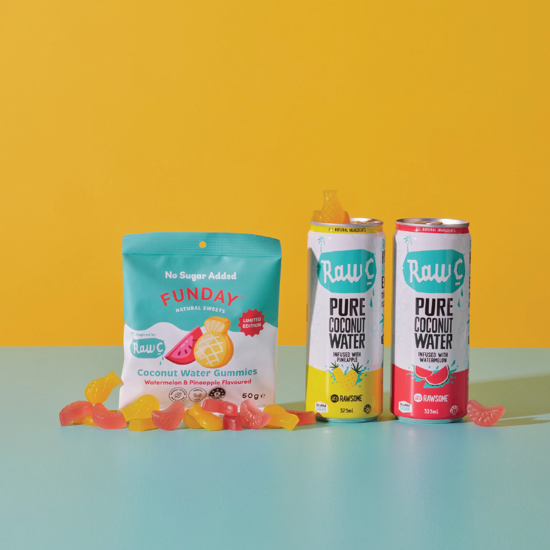 FUNDAY X Raw C Fruity Coconut Water Flavoured Gummies 50g 12 BAGS IN EVERY BOX)