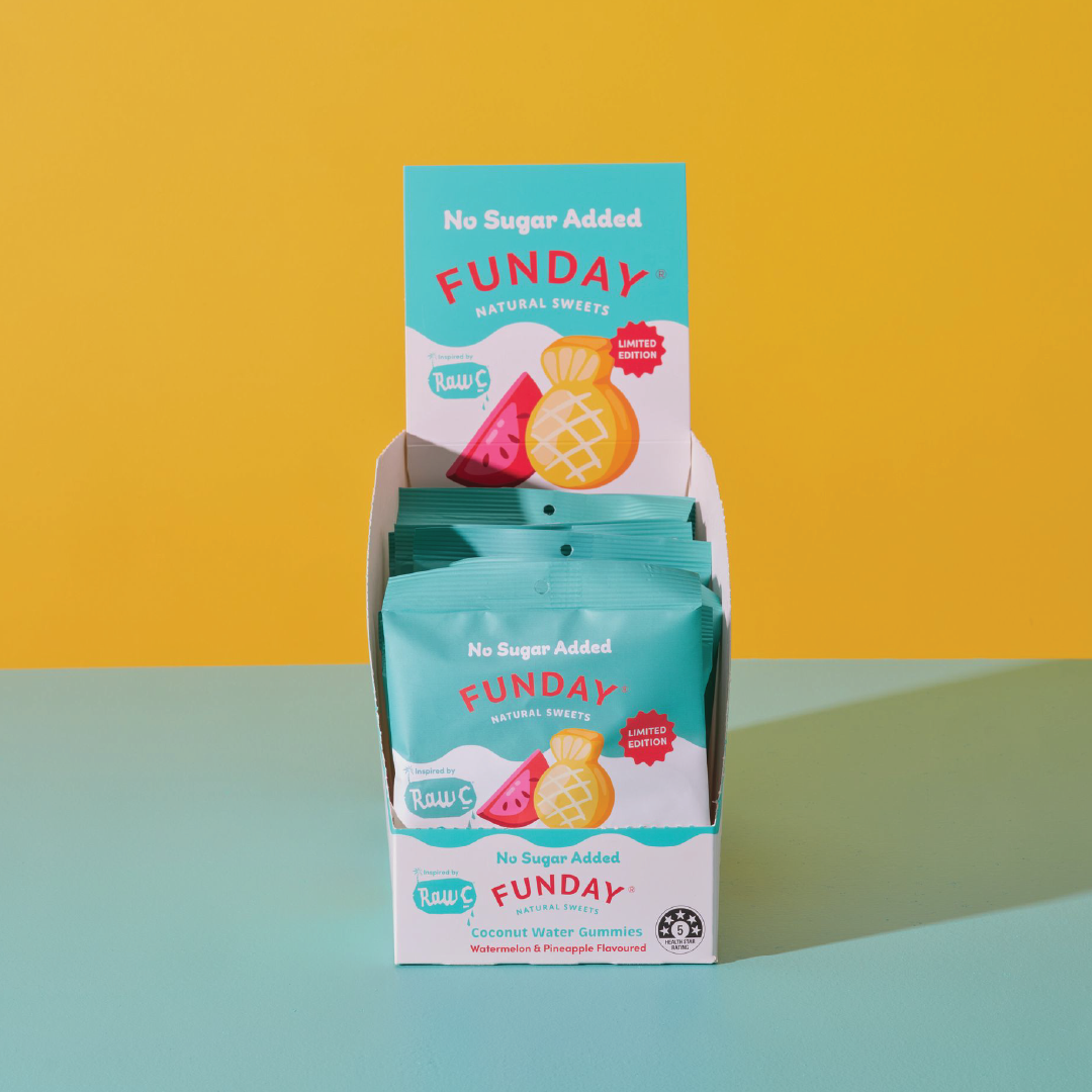 FUNDAY X Raw C Fruity Coconut Water Flavoured Gummies 50g 12 BAGS IN EVERY BOX)