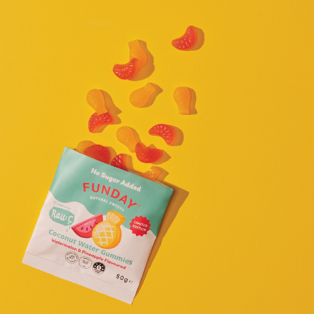 FUNDAY X Raw C Fruity Coconut Water Flavoured Gummies 50g 12 BAGS IN EVERY BOX)