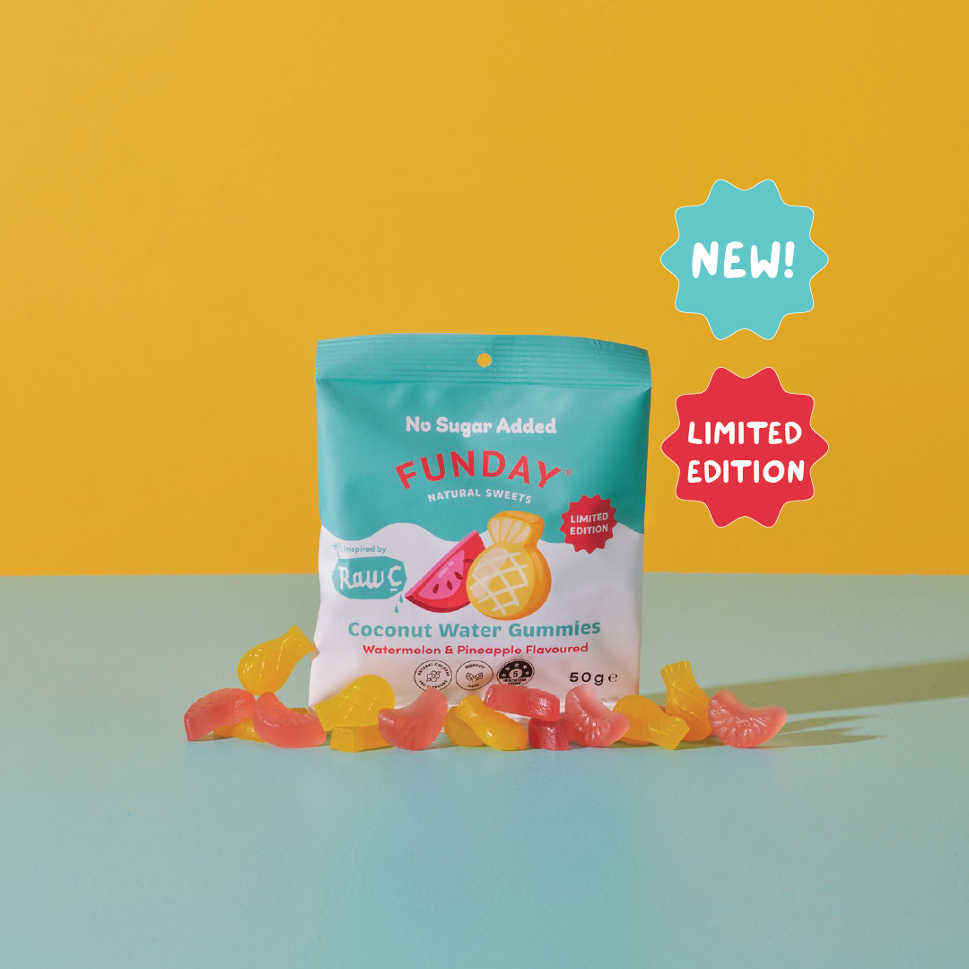 FUNDAY X Raw C Fruity Coconut Water Flavoured Gummies 50g 12 BAGS IN EVERY BOX)