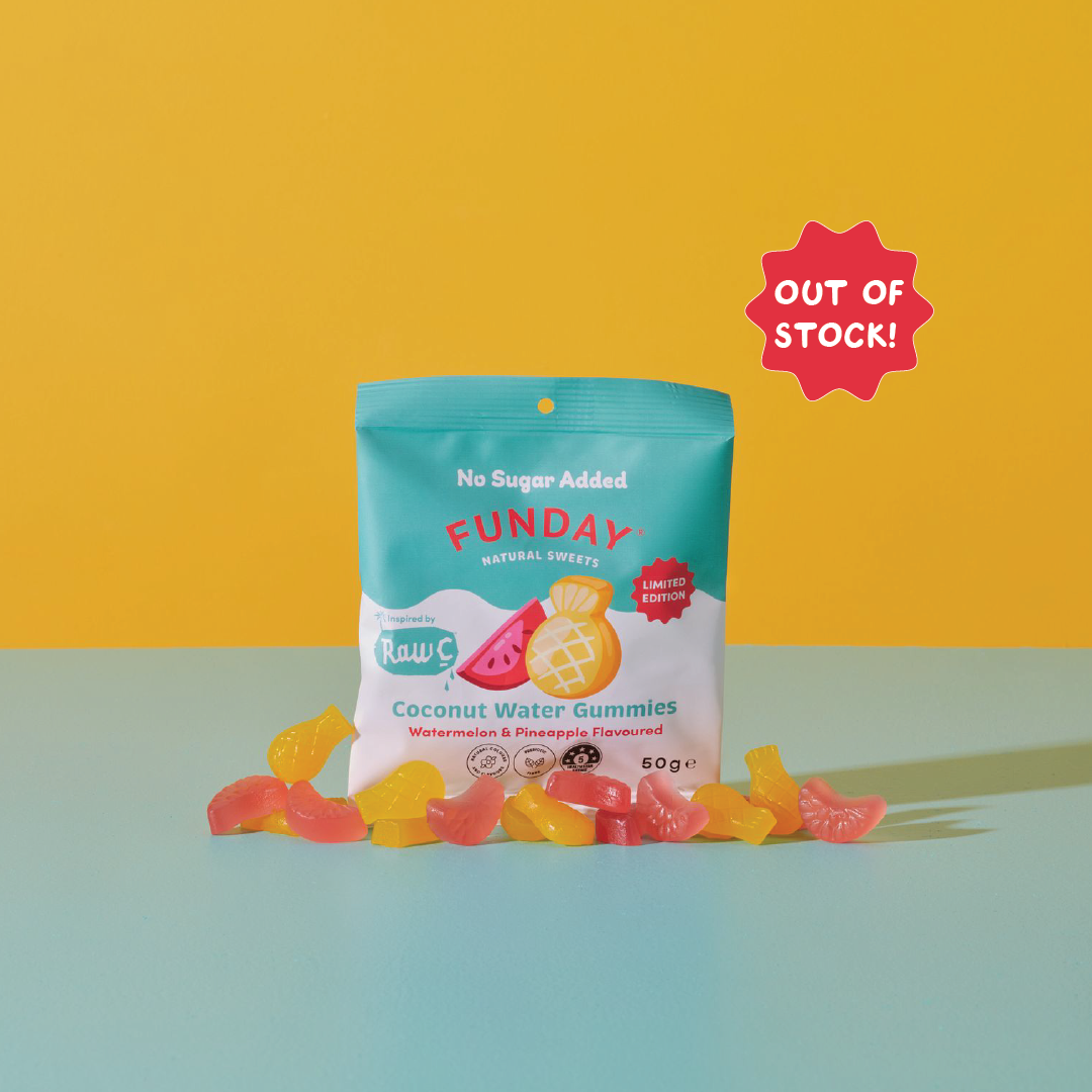 FUNDAY X Raw C Fruity Coconut Water Flavoured Gummies 50g 12 BAGS IN EVERY BOX)