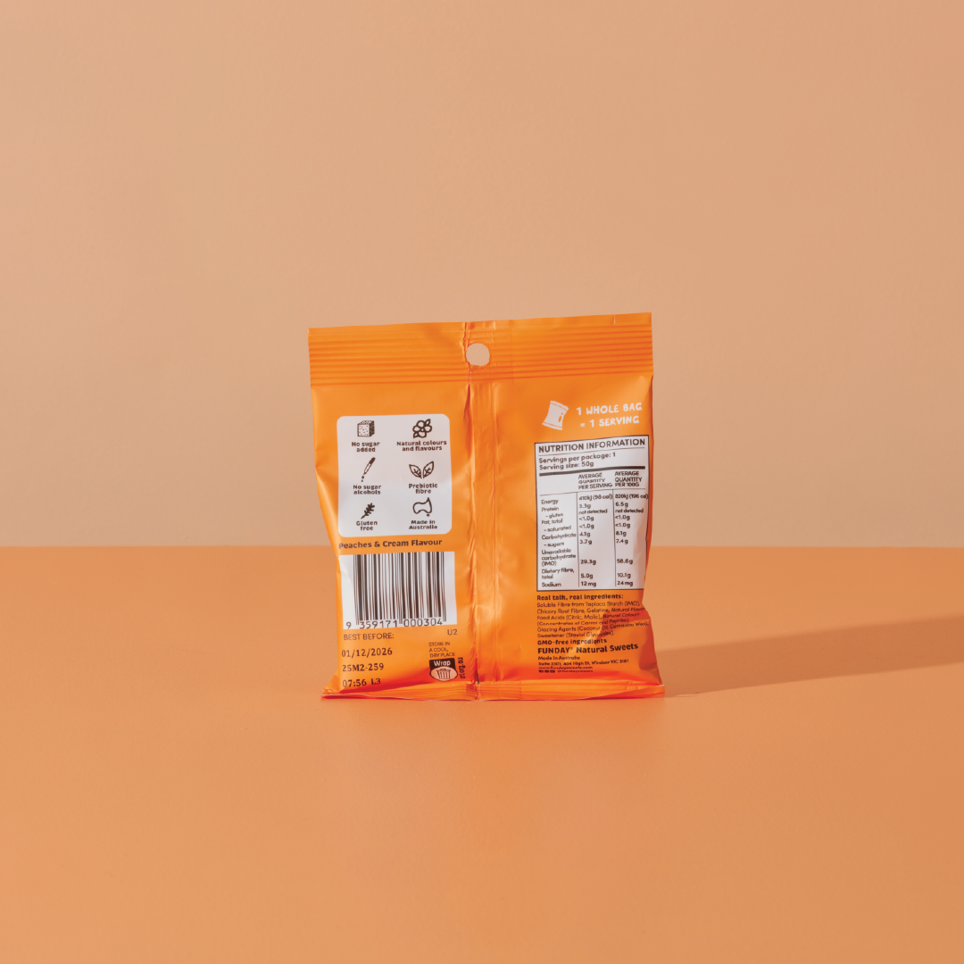 Peaches & Cream Flavoured Gummies 50g (12 BAGS IN EVERY BOX)